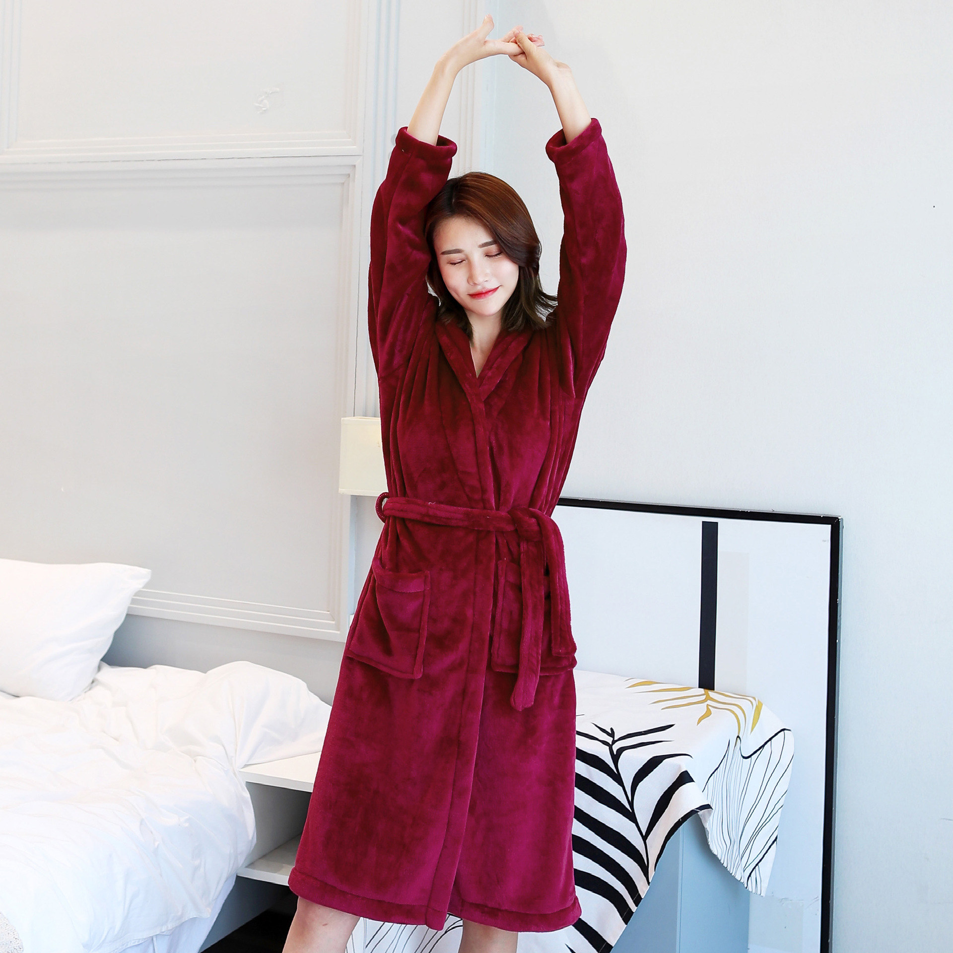 Picture of Factory in stock Flannel Nightgown Exlongation Coral Fleece Bathrobe Couples Home Clothes Pajamas Autumn and Winter Bathrobe for Men and Women