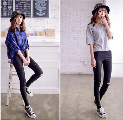 Picture of Ripped Imitation Jeans Women's High Waist Leggings Outer Wear Thin plus size Leggings Black Pencil Pants Spring and Summer Pants