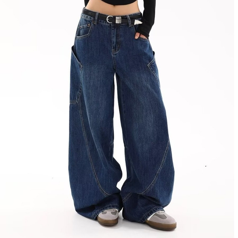 Design Sense Large Pocket National Fashion Jeans Women's Autumn New American Style High Street Retro Loose Straight Leg Wide Leg Pants
