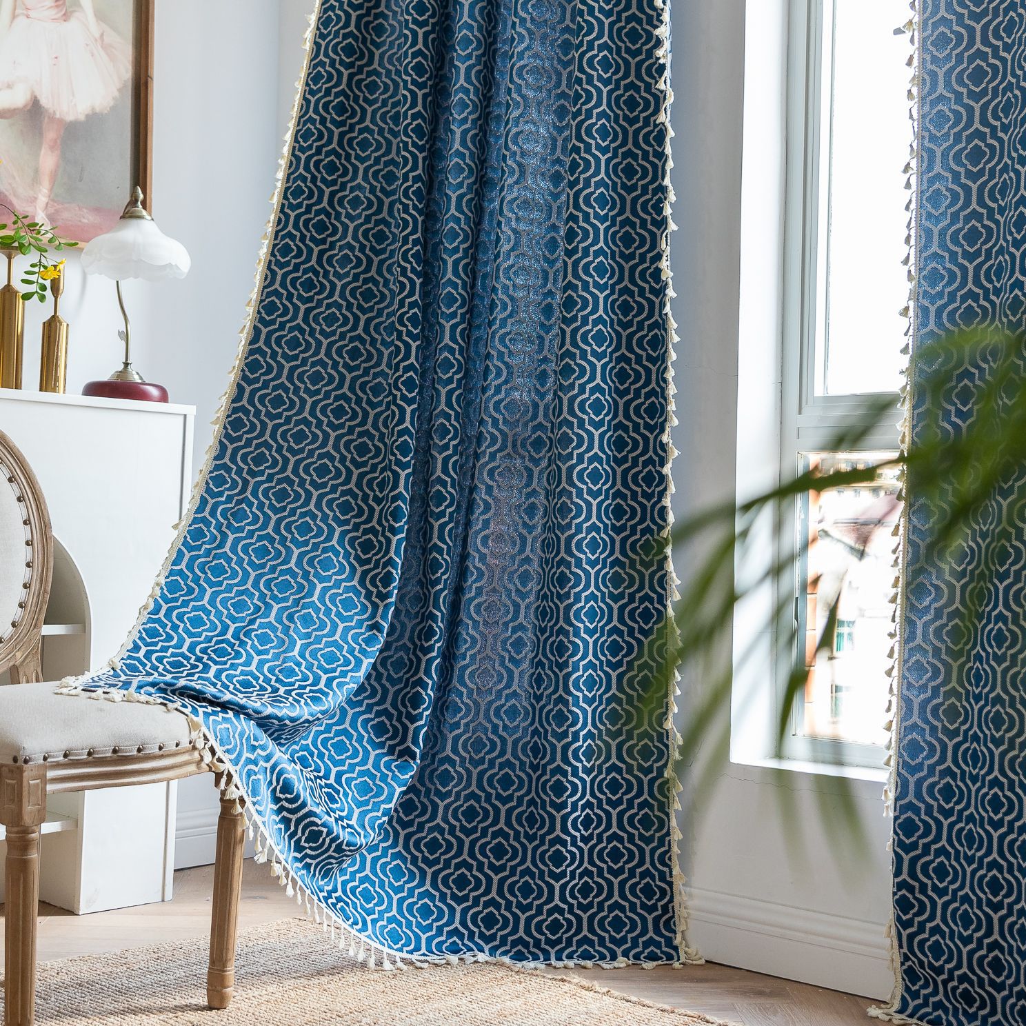 Cross-border factory curtain finished semi-shading color matching navy blue orange contrast embroidered striped lantern temu