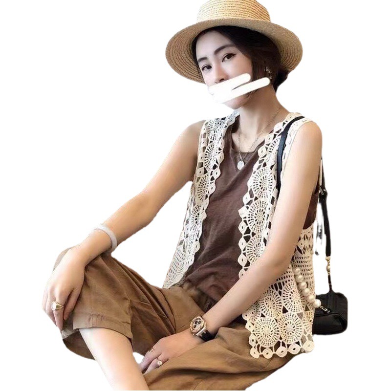 Lace thin knitted vest women's summer outer wear loose cardigan sleeveless waistcoat hollow vest crocheted top coat