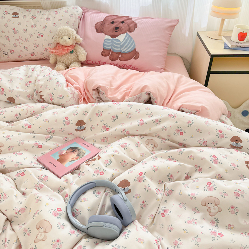 New Style Fresh Water Wash Cotton Bed Sheet Four-piece Set Cute Cartoon Dormitory Three-piece Set Girl's Heart Bed Cover Quilt Set