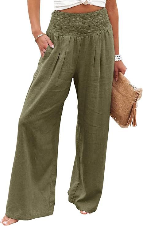 Picture of 2025 Amazon Women's Linen Pants High Waist Trousers Wide Leg Flowing Pants Beach Vacation Wear Casual Wear