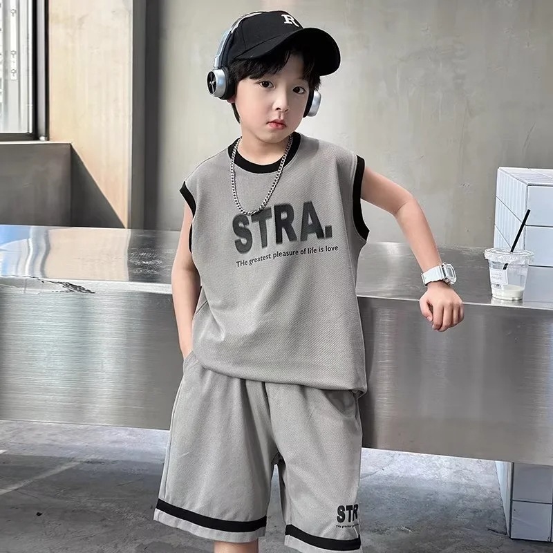 Boys' Sleeveless suit Summer 2024 New Children's Summer Vest Basketball Sportswear Summer Big Children's Wear for Boys