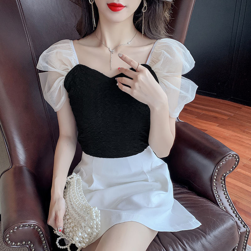 Picture of 2025 New French Square Neck Collarbone Short Sleeve Shirt Women's Sweet Summer Style Fairy Style Mesh