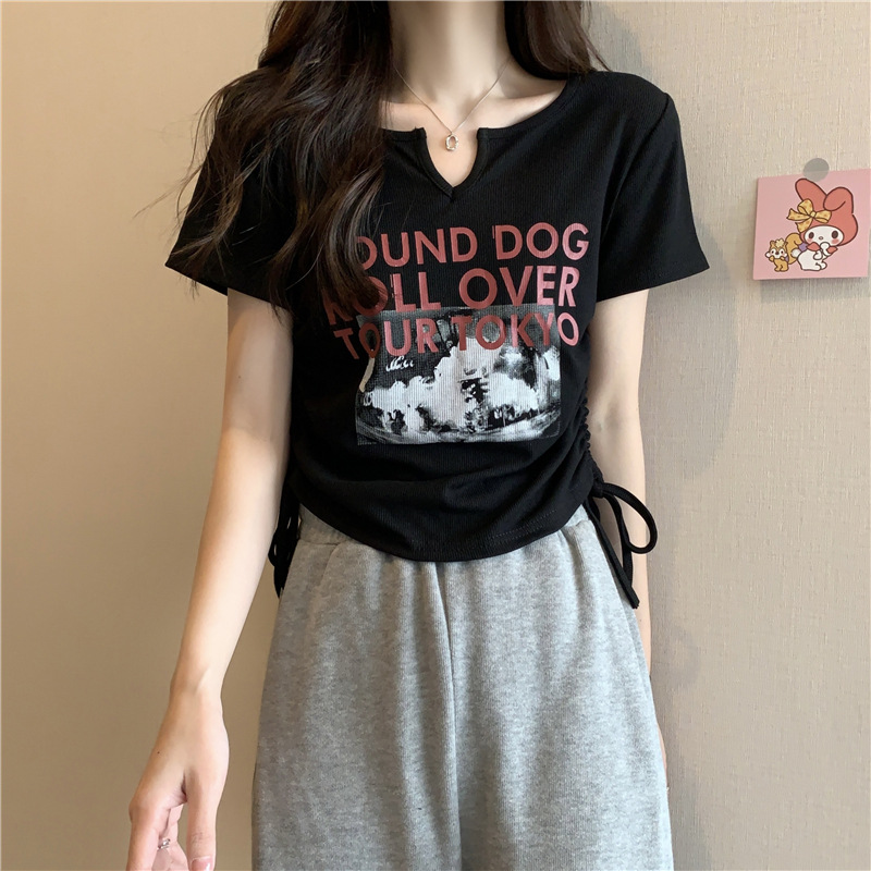 Rib Drawstring High Waist Belly Covering Short T-shirt Women's Summer 2023 Hot Girl Street Design Sense Slimming
