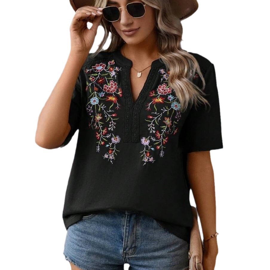 Picture of 2025 Europe and America Amazon Cross-border Summer New Fashion Ten Thousand Needles Embroidery Stitching Lace Top Women's T