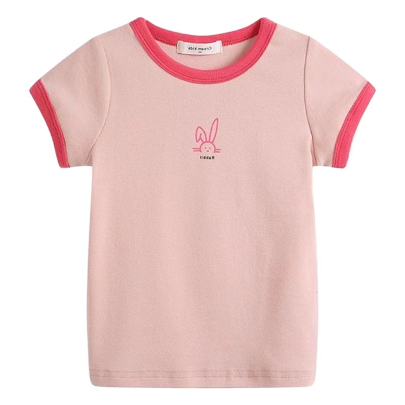 Candy color ice silk short-sleeved T-shirt new Korean style girls' baby Summer clothes all-match Western style striped edge children's top