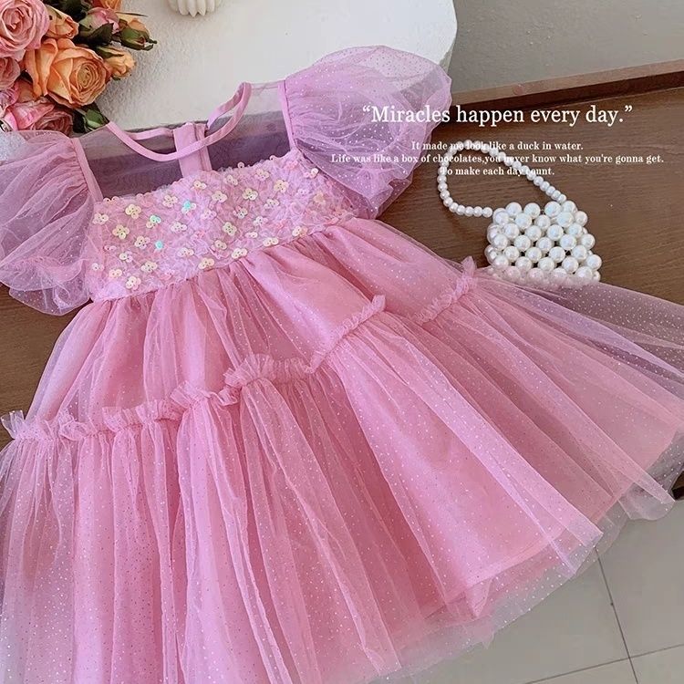 Picture of Girls' summer dress new western style children's summer dress baby girls' fluffy gauze dress girls' fashion pink dress