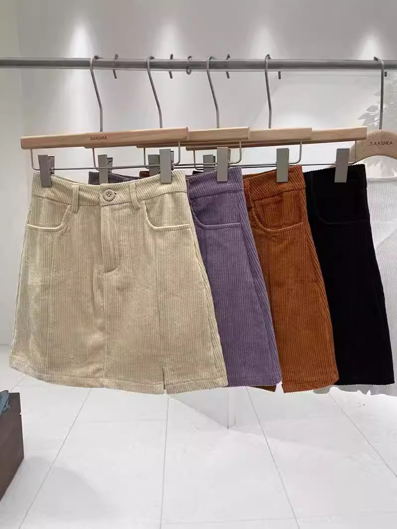 Women's Slit High Waist Button Corduroy A- Line Skirt 2024 Autumn Korean-style All-match Anti-walking Hip Skirt