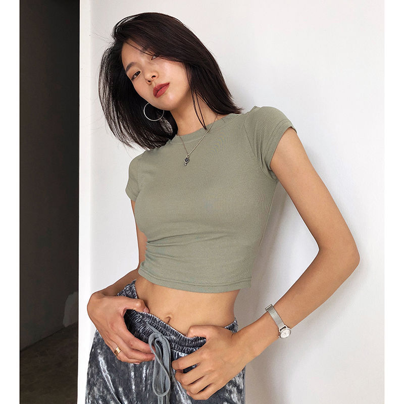 Summer ins trendy super hot shoulder short-sleeved T-shirt women's slim fit slimming inner base high waist sexy short navel top
