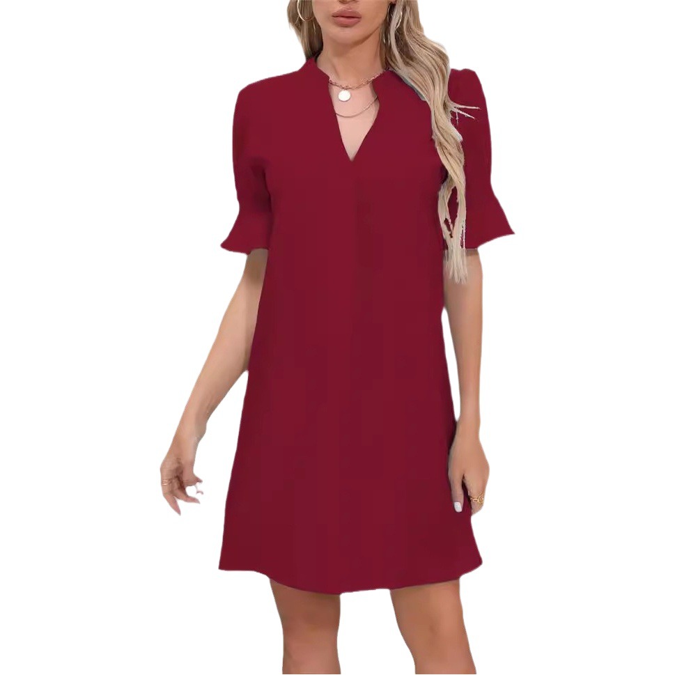 Amazon 2023 European and American cross-border foreign trade summer new solid color V-neck loose pleated half sleeve dress women