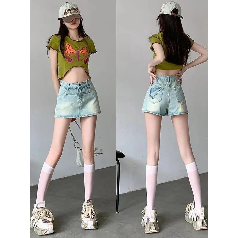 Thirteen-line American Denim Skirt 2024 New Summer High Waist Spice Girl Culottes Small A- line Hip Skirt