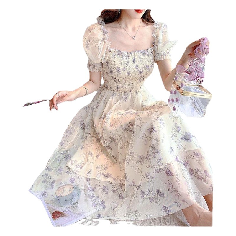 Summer Tea Break French Ink Painting Waist Slimming Temperament Ladies White Chiffon Dress Women's Shopping Mall Same Style