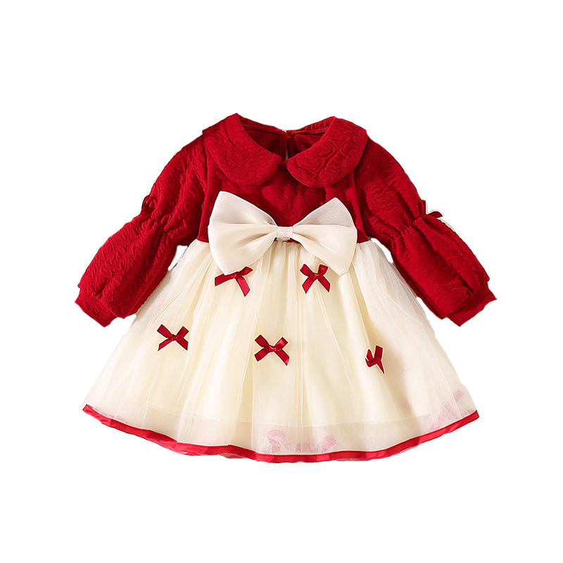 Picture of Spring and Autumn New Girls' Bow Mesh Long Sleeve dress Girls' Sweet Cute Red Spliced Dress