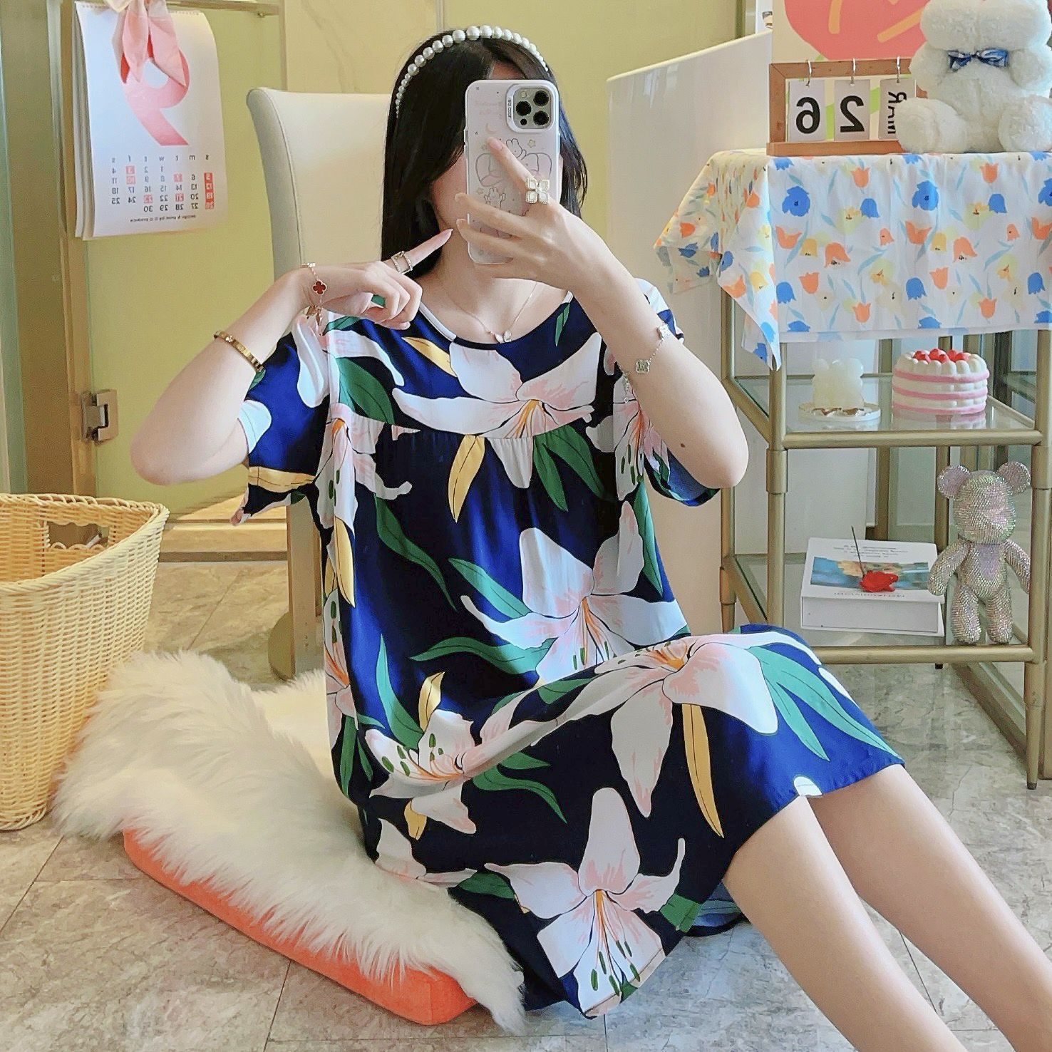 Picture of Cotton Silk Nightgown Women's Spring and Autumn Summer Thin Pajamas Korean Sweet Girls Online Celebrant Live Explosions Home Outwear Skirt