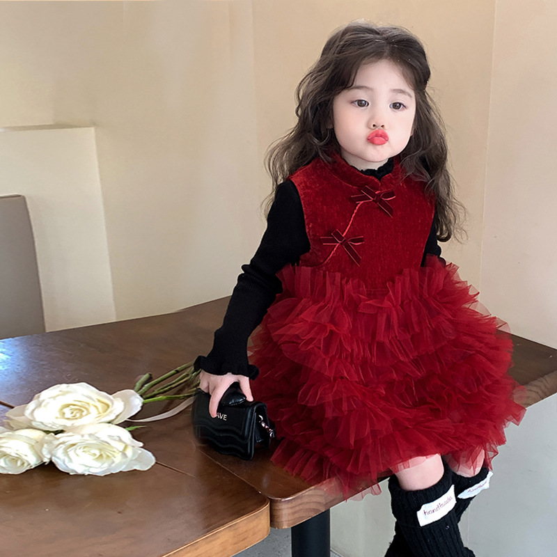 New Year Clothes for Girls fleece-lined dress Autumn and Winter Children's Hanfu National Style Dress Baby Festive New Year Clothes
