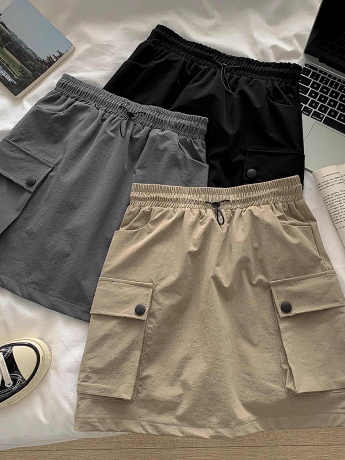 American Style Tooling Style Short Skirt 2024 Summer New Women's Clothing Distinctive All-match Loosen Waist Drawstring A- line Skirt