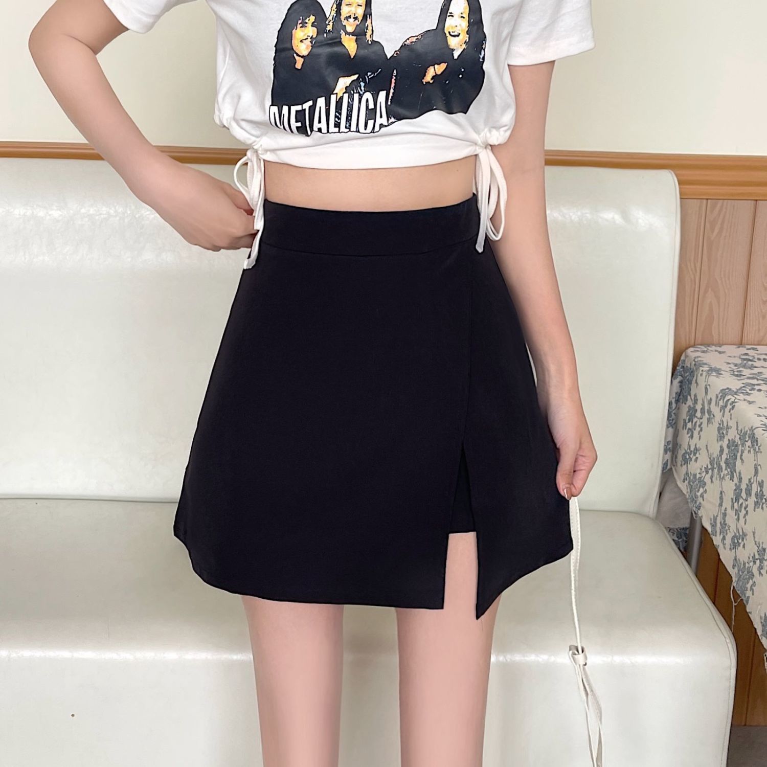 Picture of 2022 Summer New Large Size Chubby Girl Skirt Women's High Waist Anti-Light Split Skirt Slimming A- line Hip Skirt