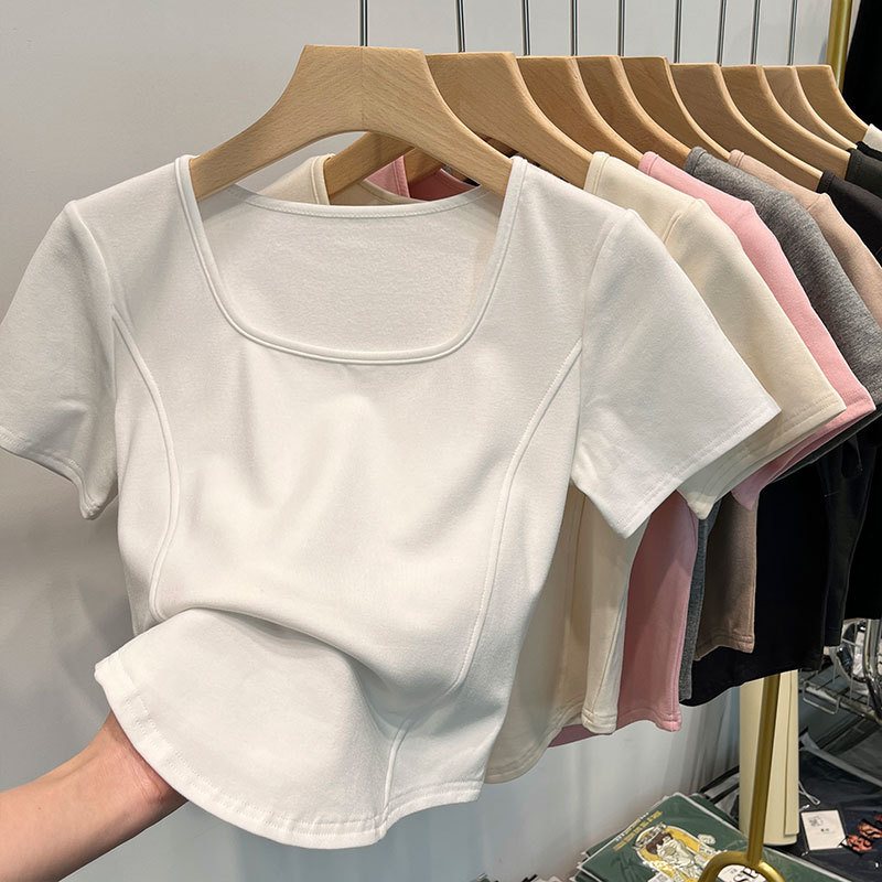 Picture of Square Collar Shoulder White Short-sleeved T-shirt Women's Summer Curved Hem Large Neck Slim-fit Slimming Short Fishbone Top