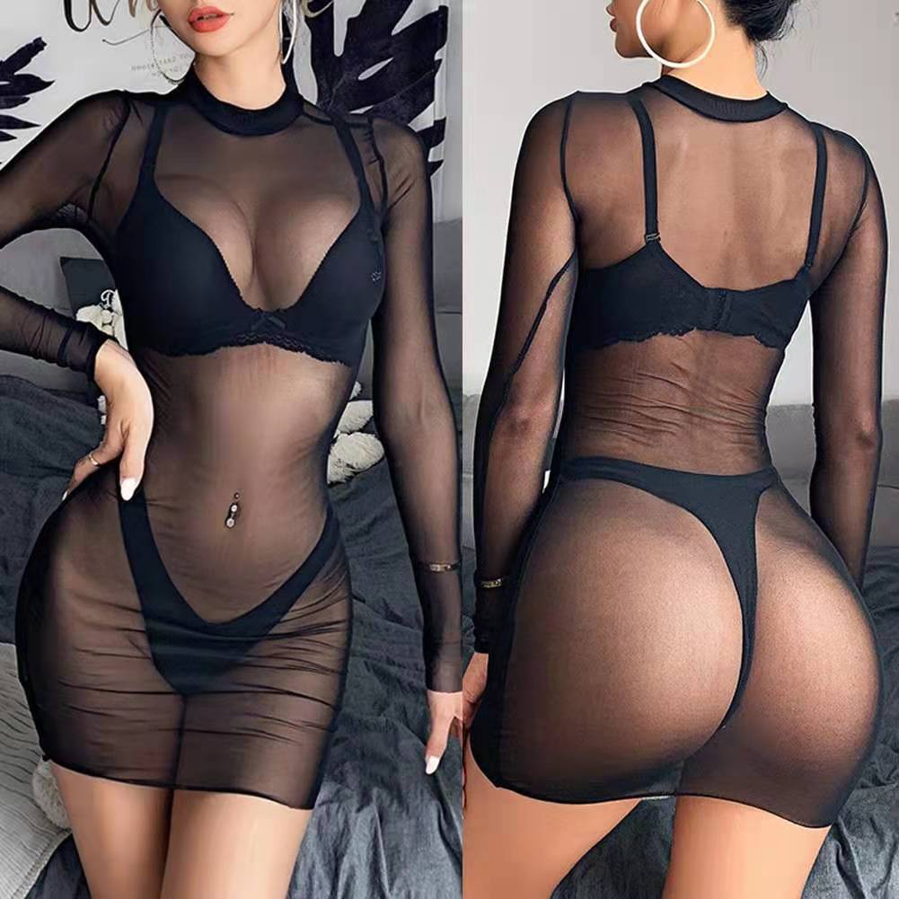 Large Size Knitted Mesh Crewneck Long-Sleeved Hip Skirt European and American ins Women's Spring Sexy See-Through Black Dress