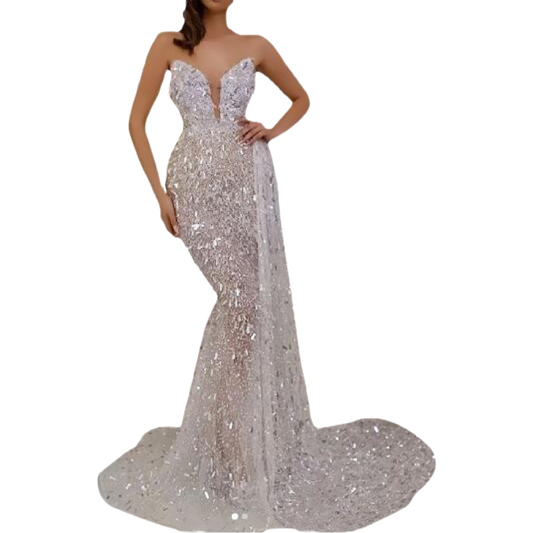 2025 European and American Export New Women's Clothing Ebay Amazon Cross-Border Sexy V Neck Hot Silver Suspender Long Dress