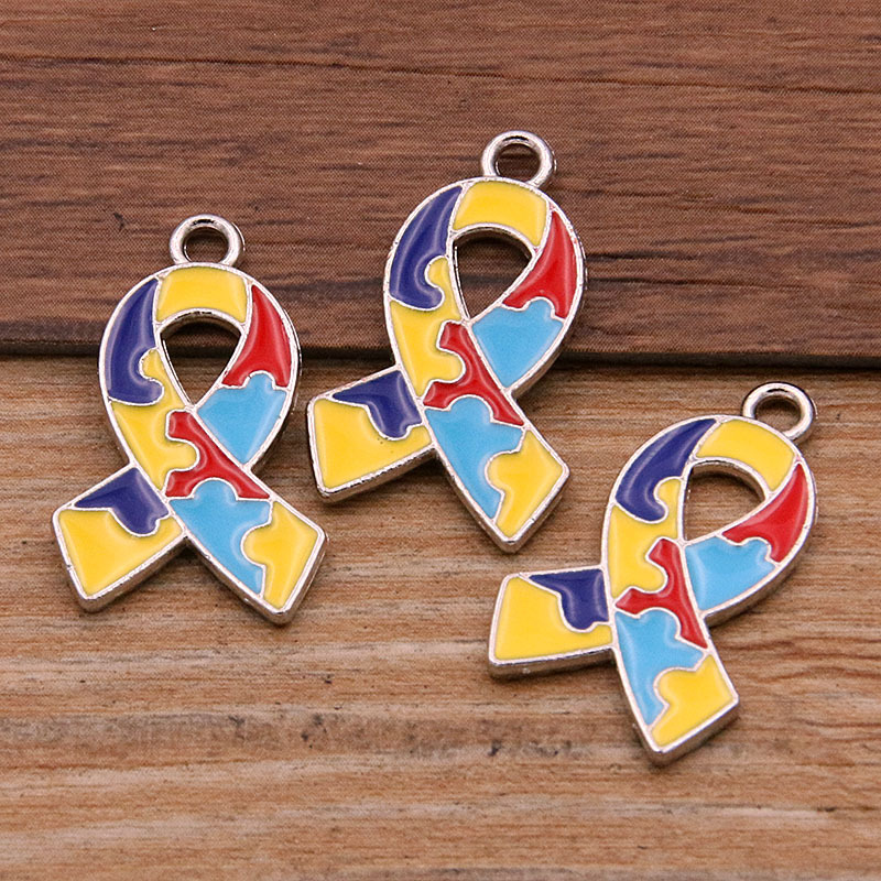Picture of 8 Styles, 2 Colors DIY Alloy Jewelry Contrasting Color Puzzle Autism Pendant Round Heart Puzzle Asymmetrical Pendant