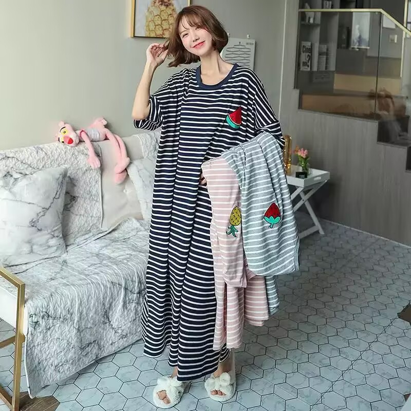 Cross-Border Summer Short-Sleeved Nightgown Korean Style Cute Loose Mid-Length 2025 New Pajamas Women's Stripesd Home Clothes
