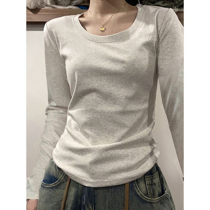 Picture of American Style Shoulder Long-Sleeved T-Shirt Women's Autumn and Winter Women's New U-Neck Slim-Fit Sanding Base Shirt Top for Women