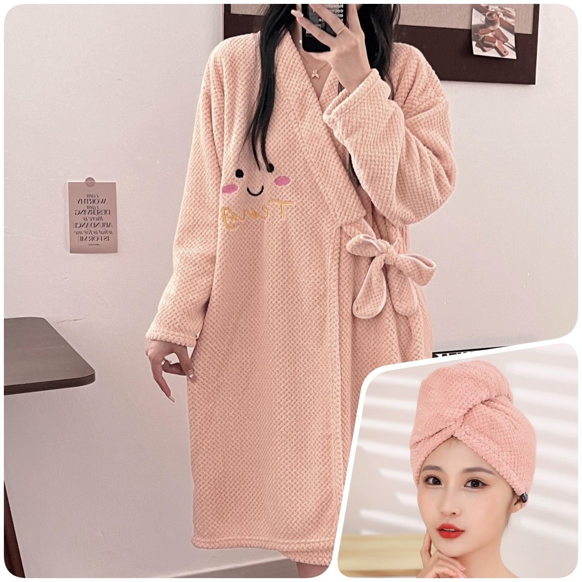 Picture of New wearable bath skirt bathrobe thickened absorbent pineapple Plaid coral velvet home hotel smiley face long sleeve thickened plus size