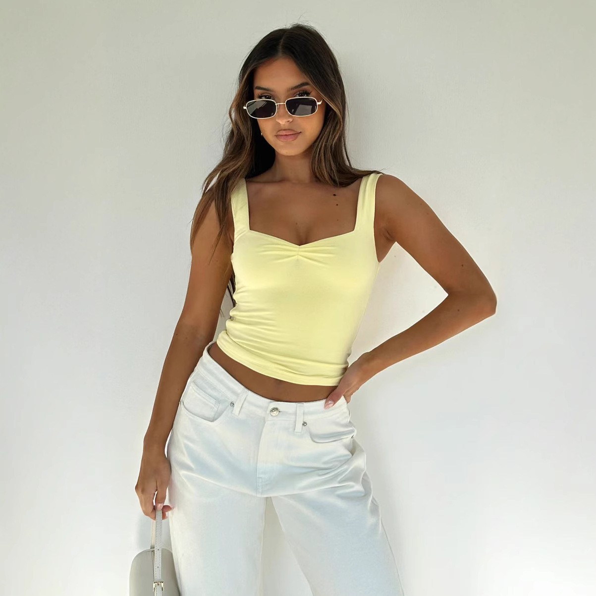 L25T108 European and American Women's Spring Cross-Border New Casual Slim Fit Spliced Navel-Baring Pure Color Square Collar Micro-Pleated T-Shirt
