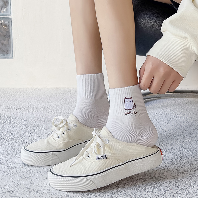 Picture of Women's Socks for Autumn and Winter, White Embroidered Cartoon Mid-Calf Socks, Low-Cut Shallow Mouth Socks, Cute Japanese-Style Short Socks for Women