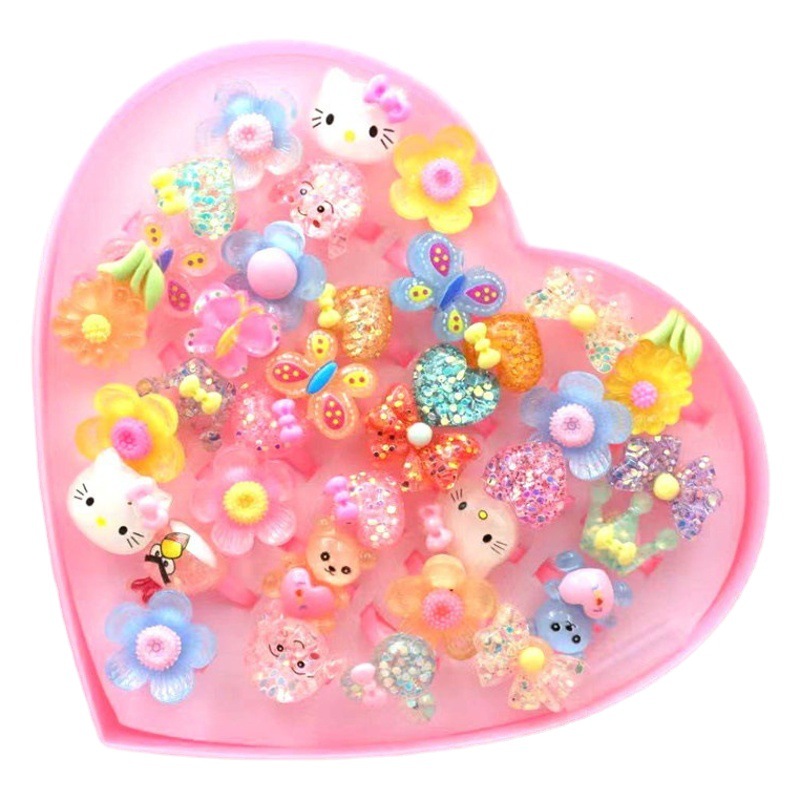 New 36 Children's Resin Cartoon Gem Ring Kindergarten Little Girl Plastic Ring Set Handset