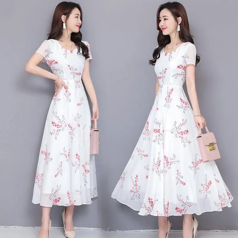Picture of Fashion dress women's 2022 summer new floral short sleeve midi dress elegant slimming large swing dress for women