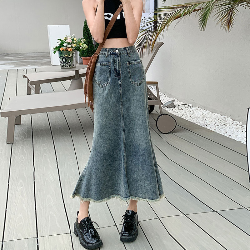 Picture of Vintage Fishtail Skirt Denim Skirt Women's ins Style Design Sense Niche A- line Hip High Waist Half-length Skirt
