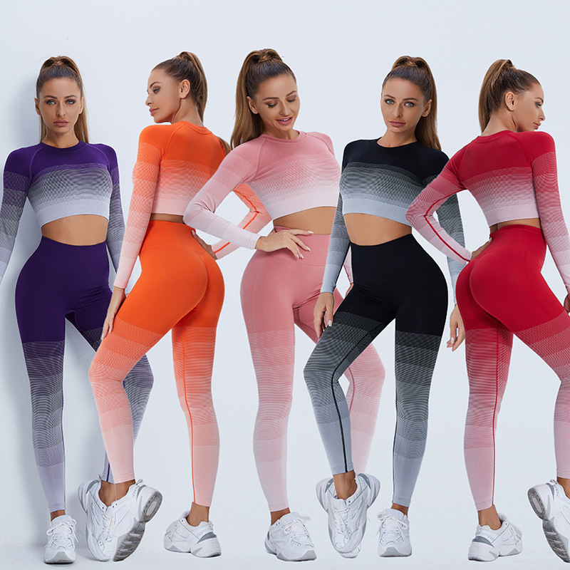 Wholesale gradient sports suit running fitness long-sleeved trousers training sports tight fashion comfortable yoga suit