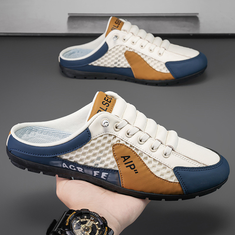 Men's Half Slippers Outer Wear Summer Mesh Hollow Men's Heel-free Slip-on Outdoor Lazy Shoes Breathable Men's Shoes