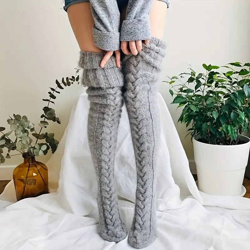 Cross-border wool foot warmer stockings European and American autumn and winter solid color over-the-knee socks stockings pile socks thick women's socks