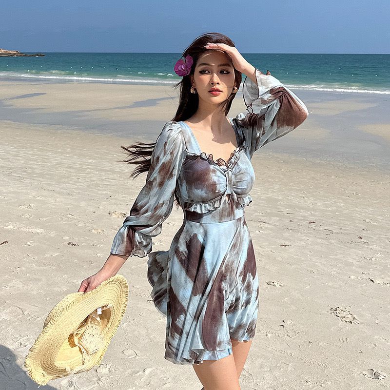 2024 plus size Swimsuit Women's Conservative Skirt Belly Covering Slim Japanese and Korean Fashion Long Sleeve Cross-border Hot Spring Swimsuit