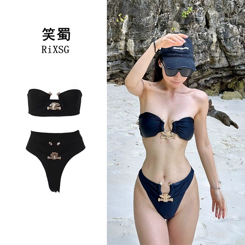 Cross-border Split Swimsuit Women's European and American Sexy Metal Hollow-out Tube Top Three-point Bikini Gathering Hot Spring Holiday Swimming