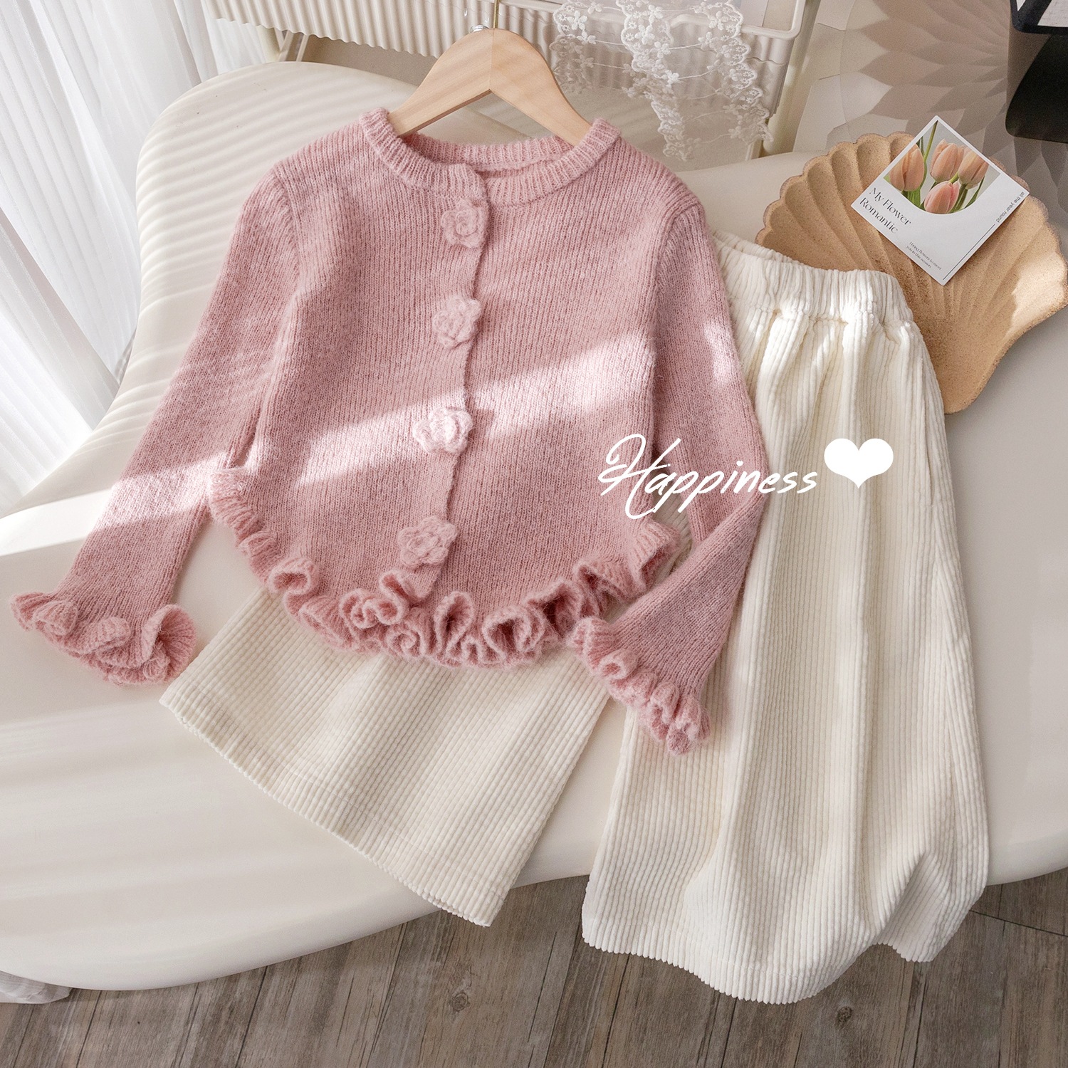Girls' suit Korean Style Solid Color Sweater Gentle Lace Knitted Cardigan Spring and Autumn New Simple Straight Casual Pants Trendy