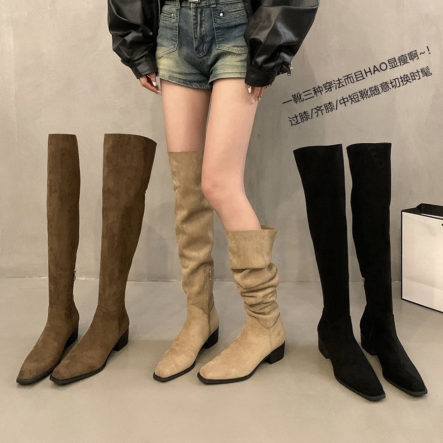 Thick Heel Western Denim Retro Over-the-Knee Boots Women's Shoes 2024 New Autumn and Winter Pile Boots Long Barrel Knight Boots