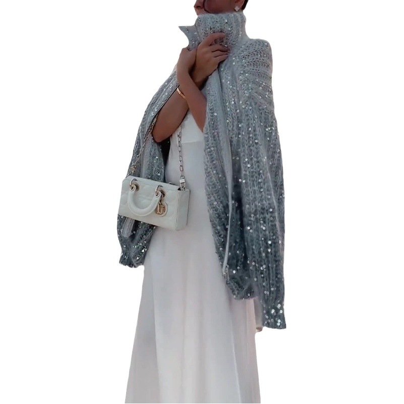 2023 Autumn/Winter New European and American Style Sequin Loose Sweater Jacket for Women, Lazy Style Thick Cardigan, Chanel Style V-Neck