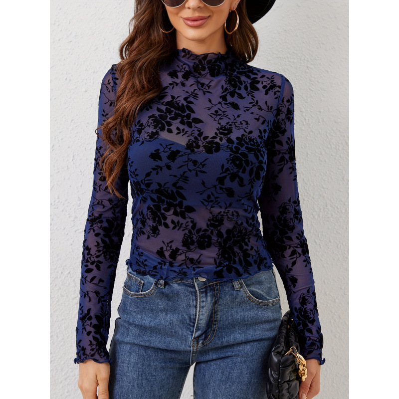 European and American cross-border 2025 new sexy single-layer braless stand-up collar mesh base shirt tops women's T-shirts