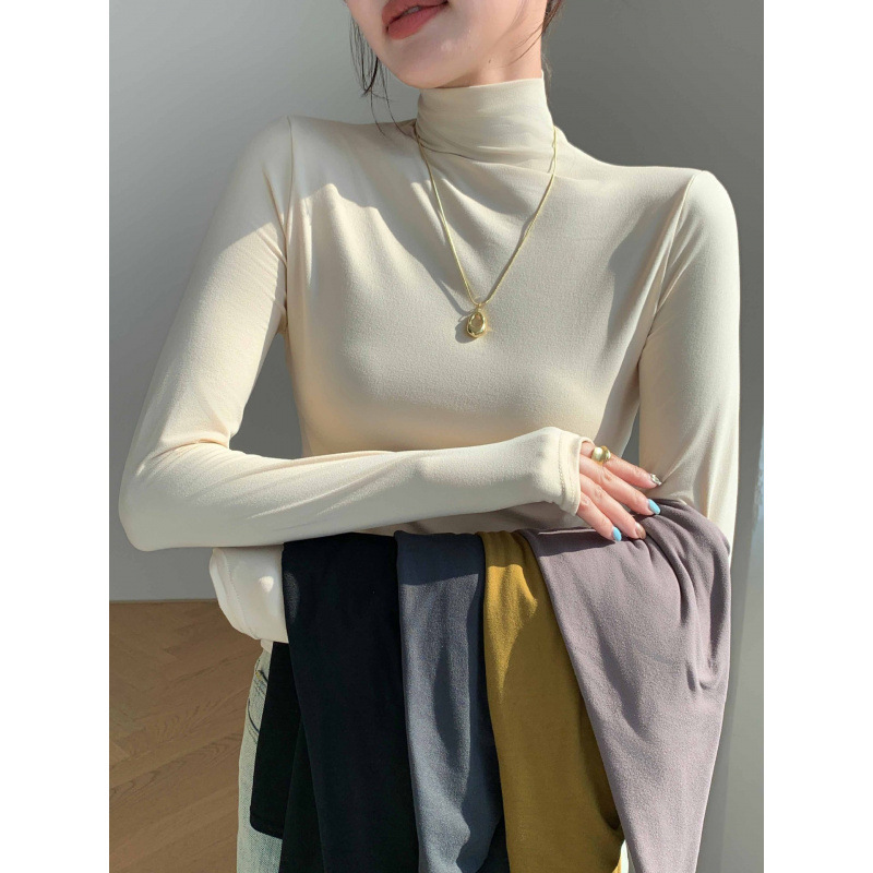 H528 Half-high Collar Mask Shirt Women's Inner Wear Autumn and Winter Sanding Base Shirt Slim-fit Warm Outer Wear Long-sleeved T-shirt Top