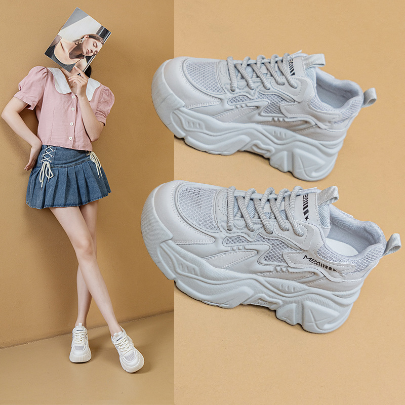 2024 Summer New Korean Style Mesh Kpu Casual Mesh Shoes Thick-Soled Dad Shoes Casual White Shoes Women's Shoes