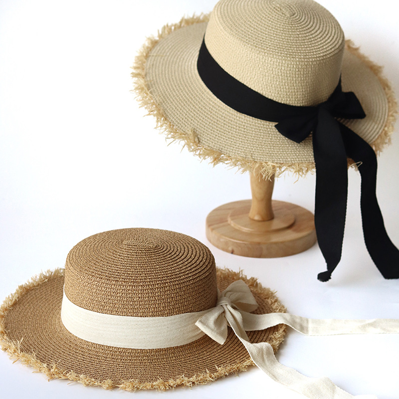 Women's Straw Hat with Raffia Brim, Summer Literary Bowknot Flat-Top Sun Hat, Wholesale from Manufacturer