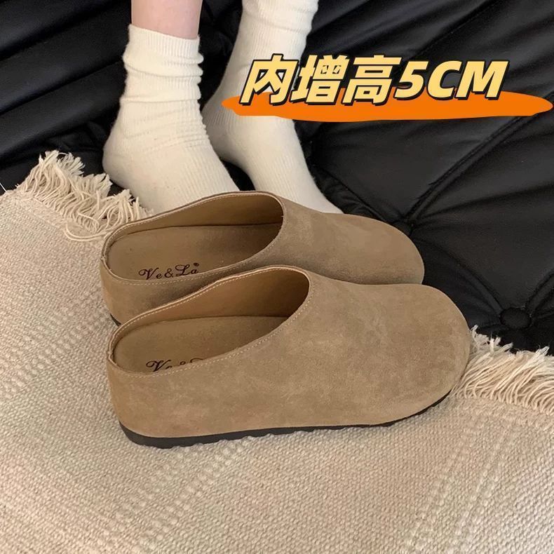Birkenth Shoes 2024 New Autumn and Winter Half-support Thick Slip-on fleece-lined Baotou Outer Wear Heel Half Slippers for Women