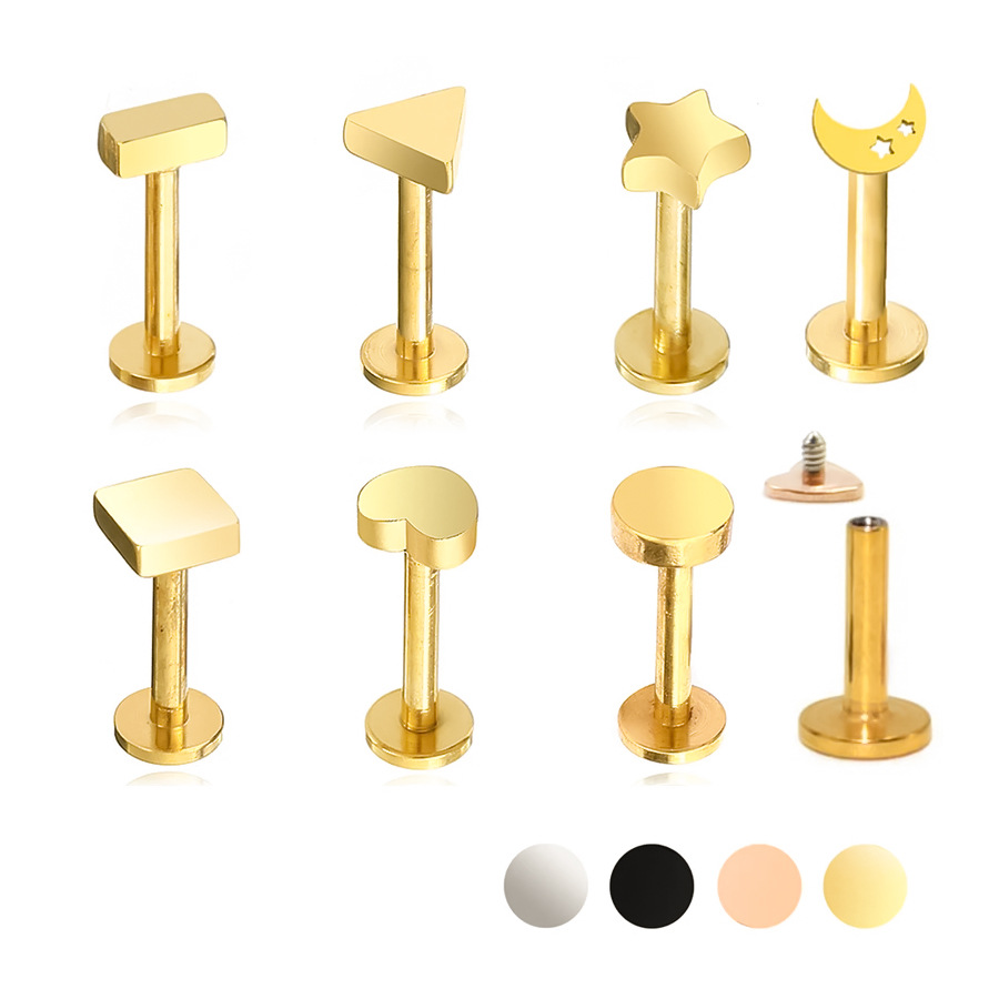 Picture of 2024 new 100% 316L stainless steel hollow moon star geometric figure lip nail ear bone nail 18K gold plated