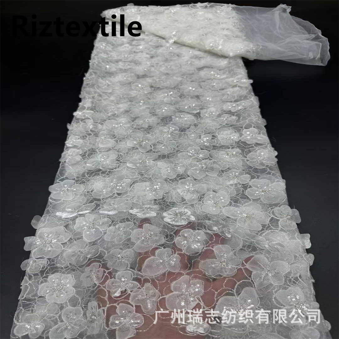 3d flower lace fabric fashion three-dimensional flower sequins beaded tube embroidery party wedding dress fabric